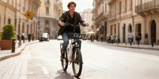 Kaisda electric bike rider travelling through a modern city street