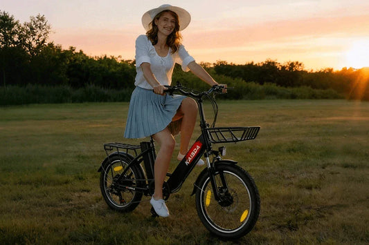 adult riding Kaisda electric bike through a city park