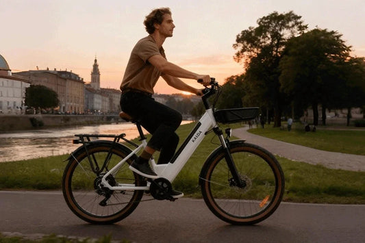 Kaisda electric bike rider travelling through a European urban street